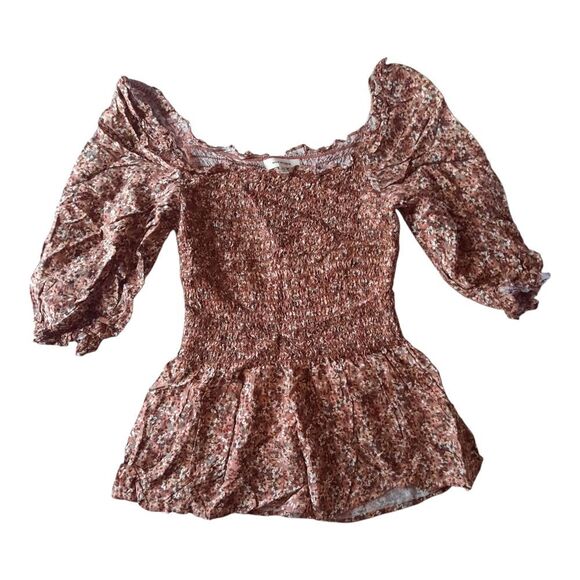 Max Studio Pink and Orange Puff Sleeve Peplum Blouse - Picture 1 of 3